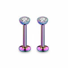2 PCS Internally Threaded Labret Studs - 16G 8mm Stainless Steel Flat Back with 3mm CZ Crystal - Rainbow Tone Body Piercing for Lip Tragus Helix