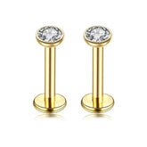 2 PCS Internally Threaded Labret Studs - 16G 8mm Stainless Steel Flat Back with 3mm CZ Crystal - Gold Tone Body Piercing for Lip Tragus Helix