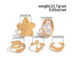 5 PCS Liquid Gold Tone Ring Set - Baroque Faux Pearl, Textured Flower & Abstract Wave Bands - Adjustable Boho Stackable Jewellery