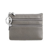 Genuine Leather Coin Purse Mini Wallet with Triple Zipper Pockets Key Ring Holder Pouch for Cash & Cards - Grey