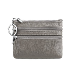 Genuine Leather Coin Purse Mini Wallet with Triple Zipper Pockets Key Ring Holder Pouch for Cash & Cards - Grey