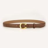 Womens Genuine Leather Belt Caramel C-Shape Gold Buckle Waist Strap for Jeans & Dresses Classic Fashion Accessory