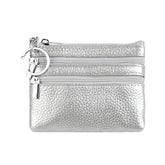 Genuine Leather Coin Purse Mini Wallet with Triple Zipper Pockets Key Ring Holder Pouch for Cash & Cards - Silver