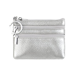 Genuine Leather Coin Purse Mini Wallet with Triple Zipper Pockets Key Ring Holder Pouch for Cash & Cards - Silver