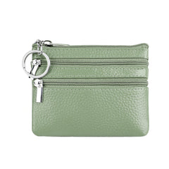 Genuine Leather Coin Purse Mini Wallet with Triple Zipper Pockets Key Ring Holder Pouch for Cash & Cards - Light Green