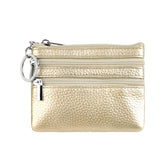Genuine Leather Coin Purse Mini Wallet with Triple Zipper Pockets Key Ring Holder Pouch for Cash & Cards - Gold