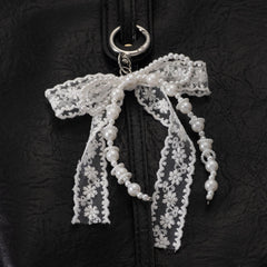 Korean Style Designer Faux Pearl and Fabric Bow Bag Charm Elegant White Ribbon Bow Keychain for Handbags and Car Keys