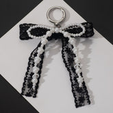 Korean Style Designer Faux Pearl and Fabric Bow Bag Charm Elegant Black Ribbon Bow Keychain for Handbags and Car Keys