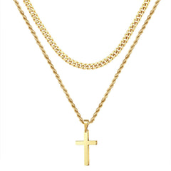 Double Layer Gold Tone Cross Pendant Necklace Set Cuban Link & Rope Chain 40-45cm Layered Fashion Jewellery