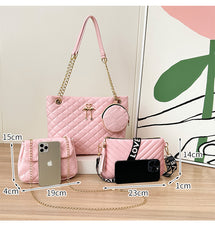 4-Piece PU Leather Rhombus Handbag Set - Large Capacity Shoulder Bag with Secure Zipper & Buckle Closure, Stylish Strap & Charms(Black)