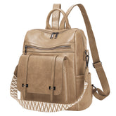 Khaki Retro Soft PU Leather Backpack for Women - Water-Resistant Large Capacity Travel Rucksack with Dual Detachable Straps