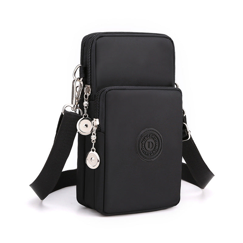 Black 3-Layer Waterproof Nylon Vertical Crossbody Phone Bag - Lightweight Phone Purse with Headphone Jack & Adjustable Strap