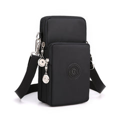 Black 3-Layer Waterproof Nylon Vertical Crossbody Phone Bag - Lightweight Phone Purse with Headphone Jack & Adjustable Strap