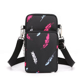 Black Feather 3-Layer Waterproof Nylon Vertical Crossbody Phone Bag - Lightweight Phone Purse with Headphone Jack & Adjustable Strap