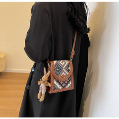 Black Boho-Chic PU Leather Crossbody Phone Purse with Cute Rabbit Pendant - Stylish Multi-Functional Compact Square Bag