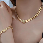 Style 2 Trendy Gold-Plated Heart Necklace & Bracelet Set - Tarnish Free Alloy Cuban Link Jewelry for Fashionable Women