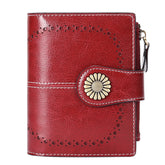 Red Women's Short Leather Wallet - European Style Waxed Leather Coin Purse with Zipper Card Holder in Red