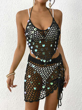Black Women's Hand-Crocheted Beachwear Set with Sequin Embellishments – Boho Style Two-Piece Bikini Cover-Up