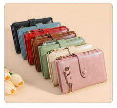 Red Soft PU Leather Women's Wallet – Compact Foldable Wallet with Multiple Card Slots and Zippered Compartment