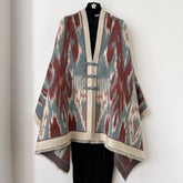 Blue and Dark Red New Style Buttoned Shawl – Double-Sided Winter Scarf with Ethnic Pattern, Faux Cashmere Feel for Travel and Fashion