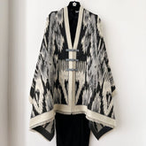 Black New Style Buttoned Shawl – Double-Sided Winter Scarf with Ethnic Pattern, Faux Cashmere Feel for Travel and Fashion