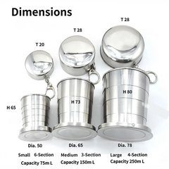 250ML Silver Stainless Steel 4-Section Telescopic Travel Cup with Keychain & Dust-Proof Lid for Outdoor Hiking and Camping