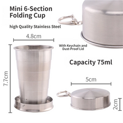 75ML Silver Stainless Steel 6-Section Telescopic Travel Cup with Keychain & Dust-Proof Lid for Outdoor Hiking and Camping