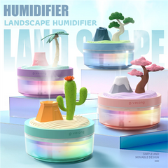 Coconut Tree & Cherry Blossom USB Portable Bionic Landscape Humidifier and Creative Potted Plant Air Diffuser - 7-Color Night Light & 2-Mode Mist Timer