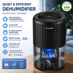 Black Portable Home Quiet Mini Dehumidifier - 2L Large Visible Water Tank, 7-Color Sleep Aid Night Light, Air Purification, Auto Shut-Off and 40W Low Power for Bedroom Studies and Closet (5–70m²)