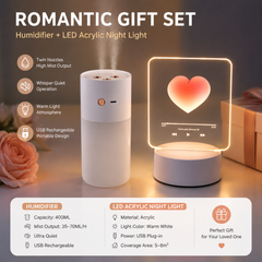 Creative Romantic Home Gift Set - White Dual Spray USB Humidifier with Warm LED Night Light and White Acrylic Decorative Ambient Lamp, Portable Lamp and Car Humidifier Bundle for Bedroom Office Living Room