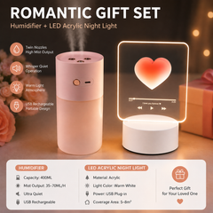 Creative Romantic Home Gift Set - Pink Dual Spray USB Humidifier with Warm LED Night Light and White Acrylic Decorative Ambient Lamp, Portable Lamp and Car Humidifier Bundle for Bedroom Office Living Room