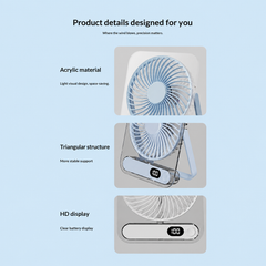 Black Portable Desk Fan with Digital Display - Transparent Style Adjustable Table and Hanging Fan with USB Charging for Bedroom, Office, Study and Travel