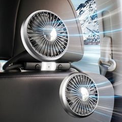 Dual Head Car Headrest Fan - USB Powered 3 Speed Rear Seat Cooling Fan with Flexible Adjustable Arms, Independent Controls and Built In Light