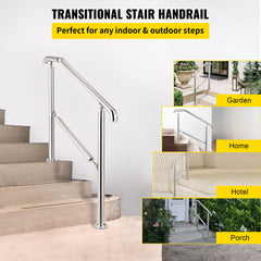 VEVOR 3 Step Railing Stainless Steel Transitional Handrail fit for Level Surface and 1 to 3 Steps Adjustable Stair Railing Indoor Outdoor Step Railings 220lb Capacity W/ Installation Kit Porch DIY