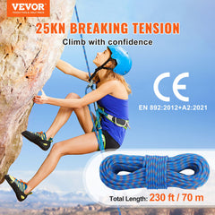 VEVOR 10.2mm Dynamic Climbing Rope, 70M(230ft) Outdoor Rock Climbing Rope 25KN Breaking Tension, Stretchable Fiber Rope with Steel Snap Hooks for Escape, Rappelling, Fire Rescue, Blue