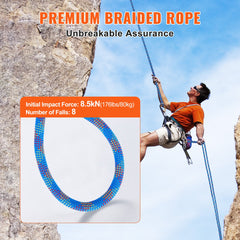 VEVOR 10.2mm Dynamic Climbing Rope, 70M(230ft) Outdoor Rock Climbing Rope 25KN Breaking Tension, Stretchable Fiber Rope with Steel Snap Hooks for Escape, Rappelling, Fire Rescue, Blue