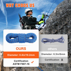 VEVOR 10.2mm Dynamic Climbing Rope, 70M(230ft) Outdoor Rock Climbing Rope 25KN Breaking Tension, Stretchable Fiber Rope with Steel Snap Hooks for Escape, Rappelling, Fire Rescue, Blue