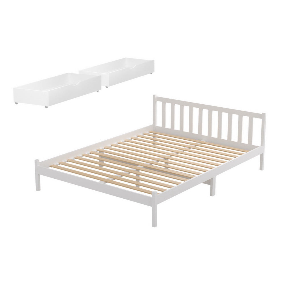 Artiss Bed Frame Double Size Wooden Platform with 2 Storage Drawers White SOFIE