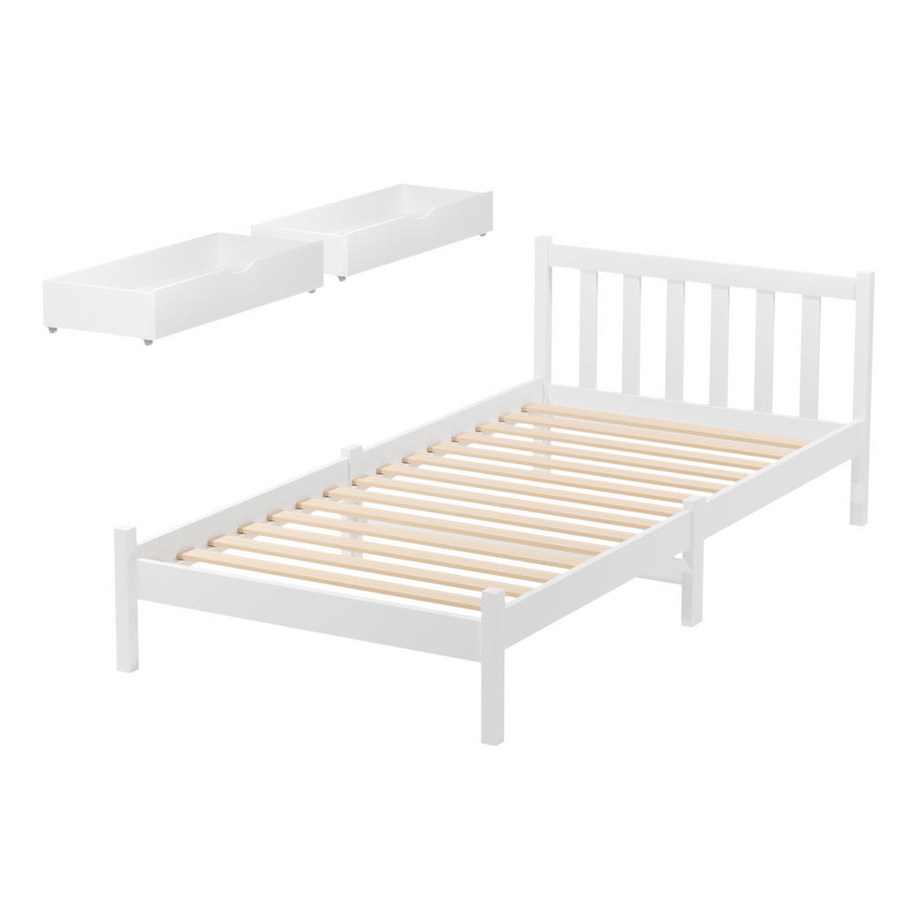Artiss Bed Frame Single Size Wooden Platform with 2 Storage Drawers White SOFIE