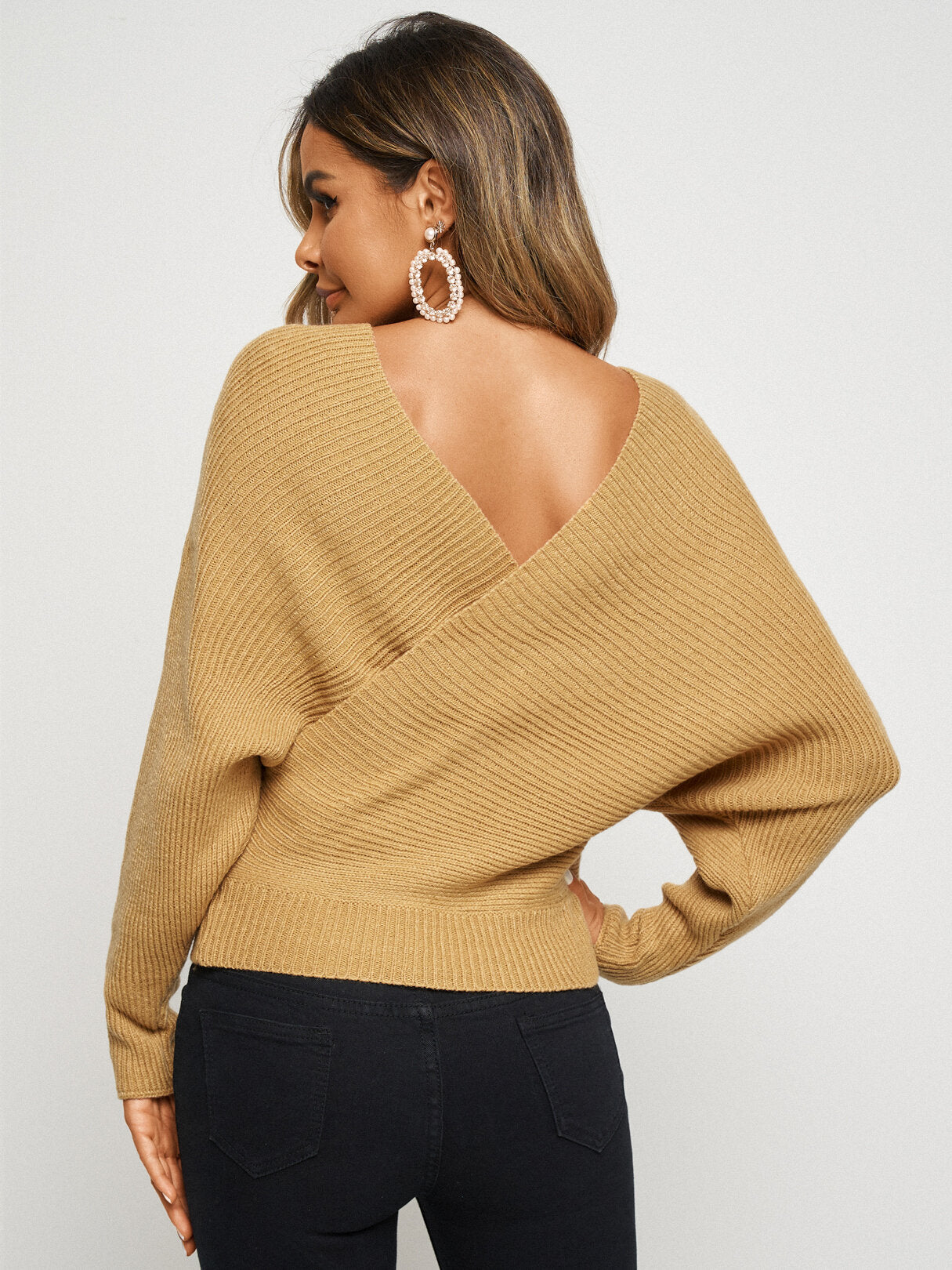 Pure Color Wrap Design V-Neck Backless Pullover Sweater