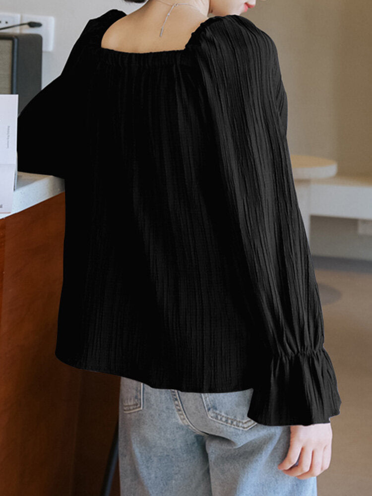 Solid Color Long Sleeve Square Collar Ruffled Blouse For Women