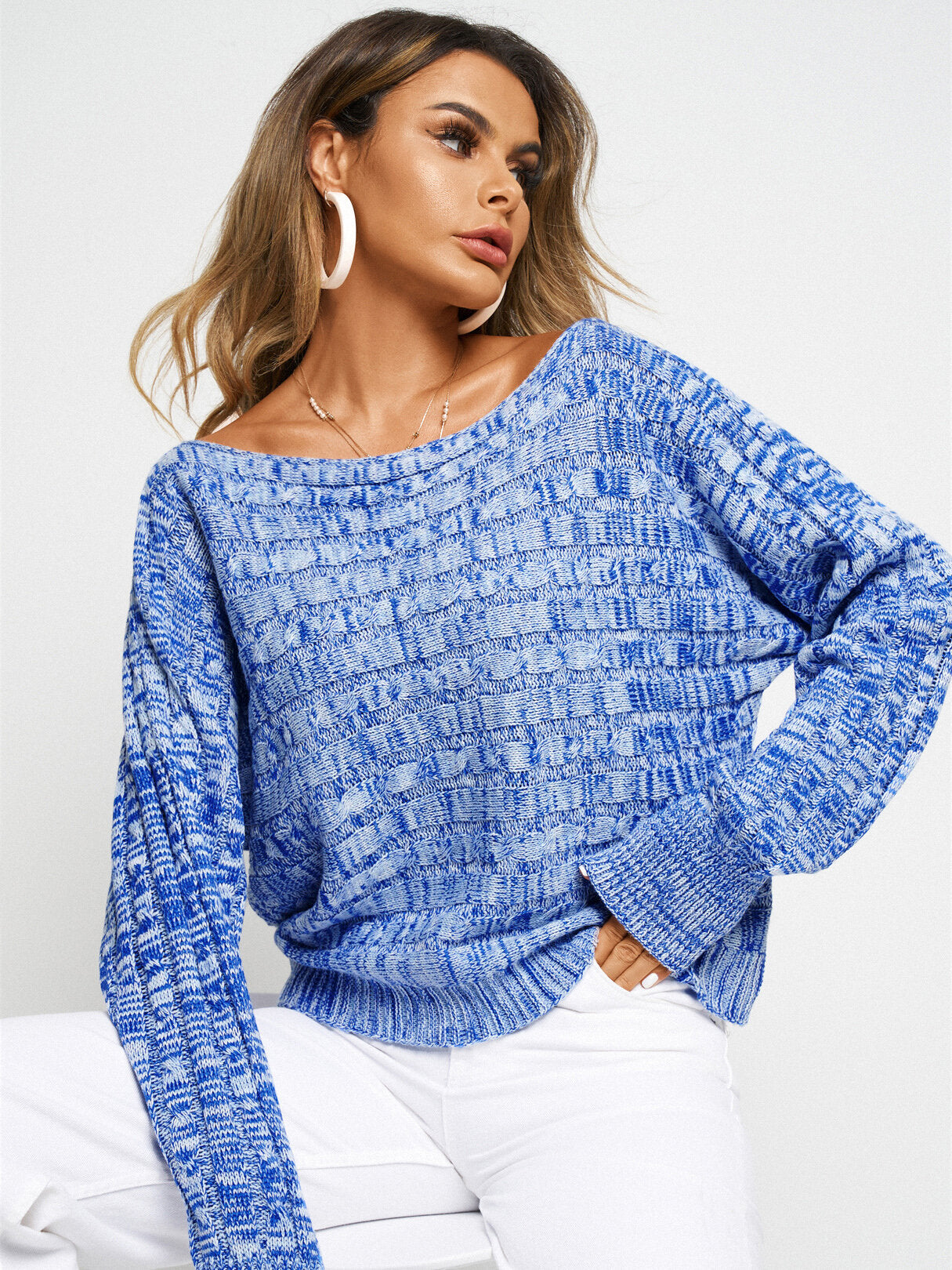 Slash Neck Marled Cable Knit Long Sleeve Pullover Sweater