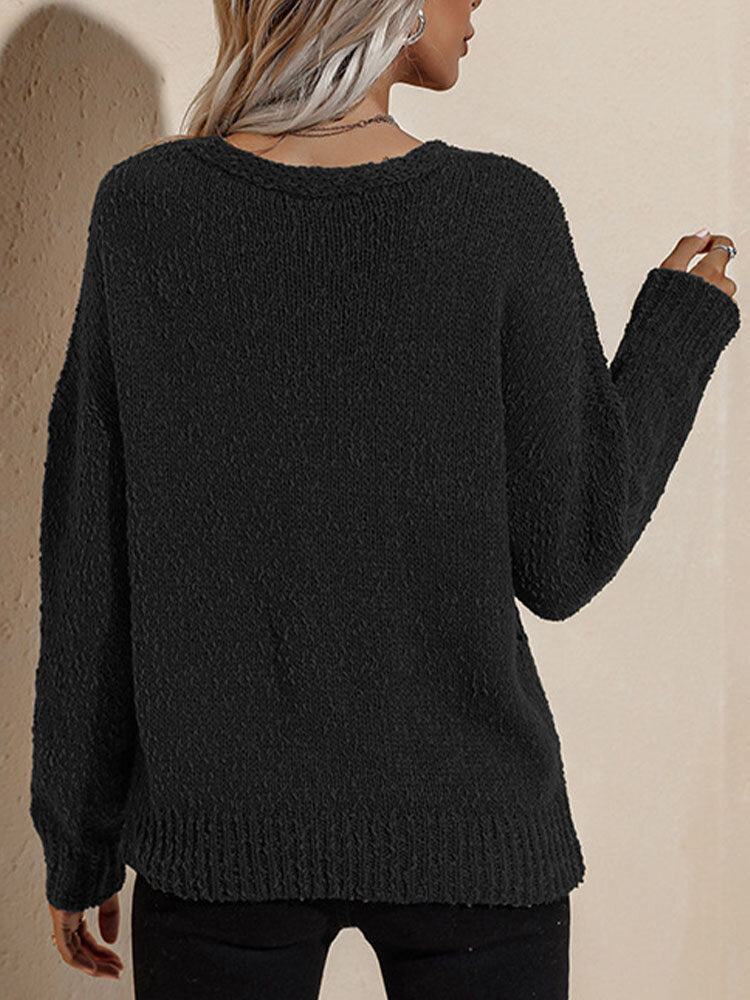 V-neck Long Sleeve Button Women Solid Knitted Cardigan