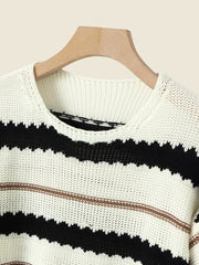 Stripe Knit Loose Long Sleeve Casual Crew Neck Sweater