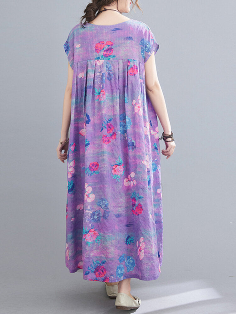 Allover Random Flower Print Short Sleeve Loose Dress