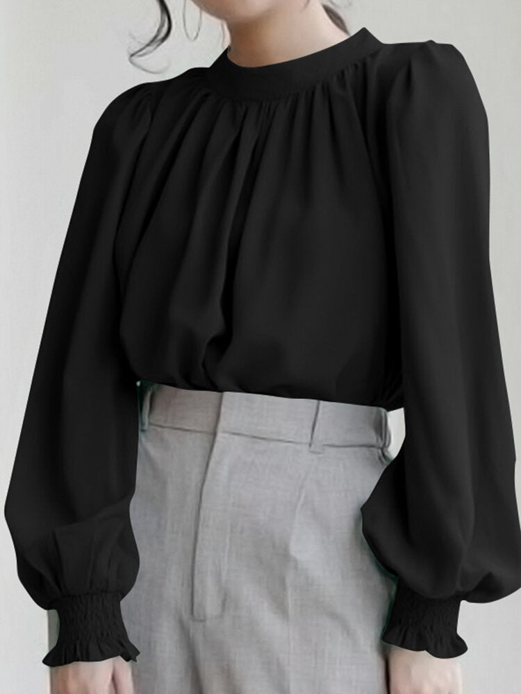 Solid Tie Back Puff Long Sleeve Stand Collar Blouse