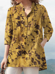 Plants Print Button Pocket Stand Collar 3/4 Sleeve Blouse