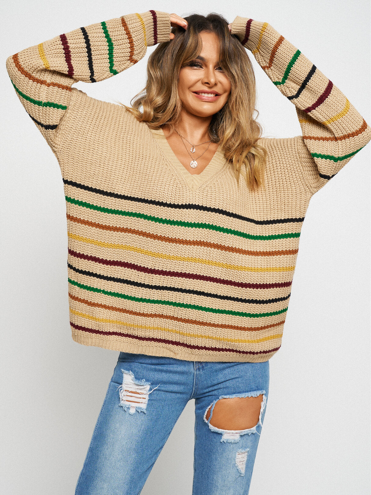Colorful Striped V-Neck Knit Drop Shoulder Pullover Sweater