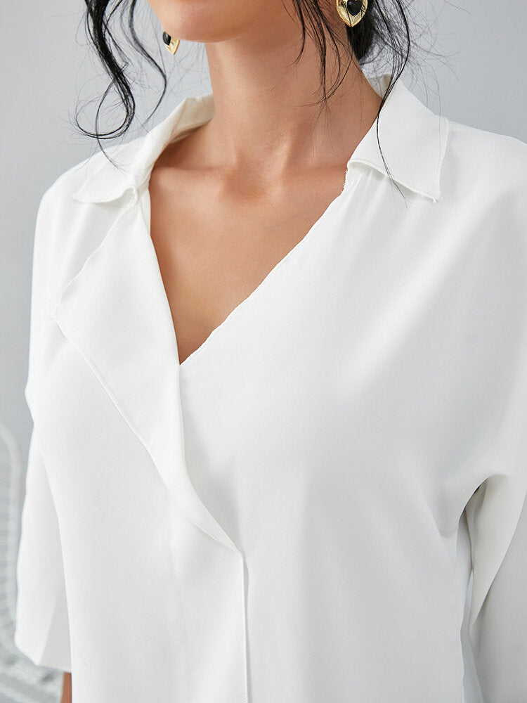 Solid Lapel Half Sleeve Casual Blouse For Women