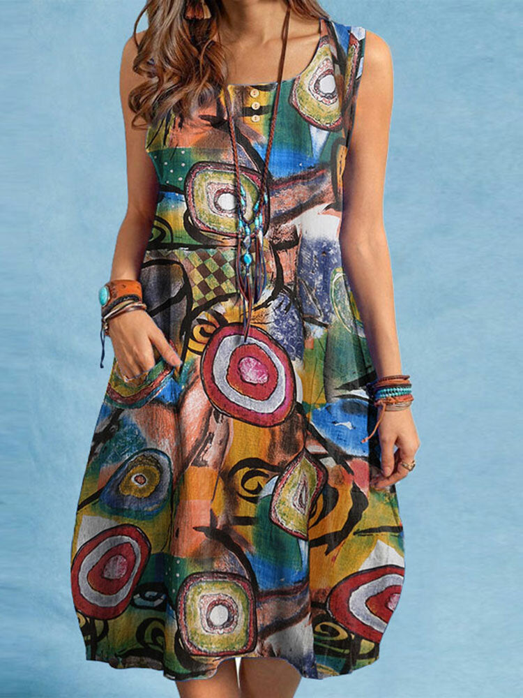 Allover Abstract Print Pocket Sleeveless Crew Neck Dress